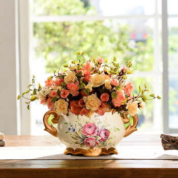 
                                        奇居良品（CREATE FOR LIFE）  欧式摆件 仿真花假花装饰花卉绢花花艺套装 瓦特尔A款花瓶+6束香槟色玫瑰                