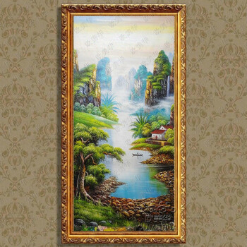 
                                        欧美华手绘油画中式山水风景聚宝盆 有框画 客厅卧室玄关办公室书房装饰壁画风水画 25号贴金箔框9厘米 90*170厘米                