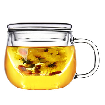 富光 圆趣花茶杯 耐热透明玻璃茶杯带把 带过滤内胆茶水分离杯 办公室创意玻璃水杯子 透明 350ML