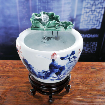 景德镇陶瓷流水喷泉家居装饰工艺礼品招财风水轮加湿器客厅办公室小摆件 鱼缸喷泉加湿器装饰品 NO7