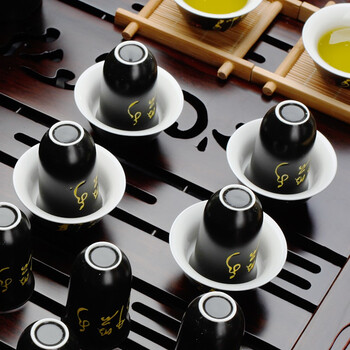 束氏青花瓷陶瓷茶具套装 黑檀整套茶具功夫茶具套装茶壶四合一电磁炉 黑檀平板黑釉唐诗 003644