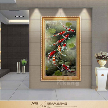 
                                        日康 九鱼图玄关油画 纯手绘定制装饰画 竖版现代客厅走廊卧室书房壁画 荷花单幅风水挂画 5057宫廷金 60x90                