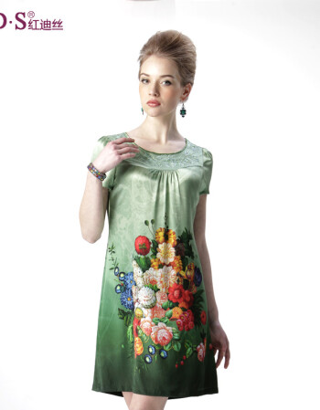 红迪丝 品牌女装桑蚕丝印花通勤真丝修身连衣裙正品010 浅绿 xl/170