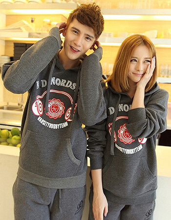 汐洛可 秋冬情侣绣花连帽卫衣套装 连帽戴耳机印花运动服套装 深灰色