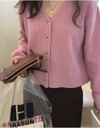 t恤女长袖2022春季新款韩版温柔风v领针织开衫粉色百搭宽松外穿毛衣
