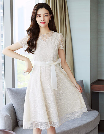 2019春夏季新品蕾丝连衣裙中长款雪纺新款夏装女超仙收腰显瘦蝴蝶结