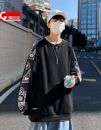 霄桂姿腰果花炸街卫衣男士春秋季港风潮流小众潮牌宽松休闲痞帅拼接