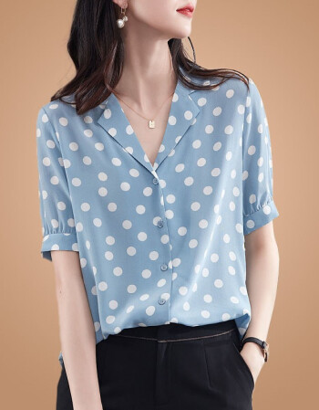 nenw香港潮牌高档衬衫女短袖2021夏季新款法式浪漫波点印花上衣浅蓝色
