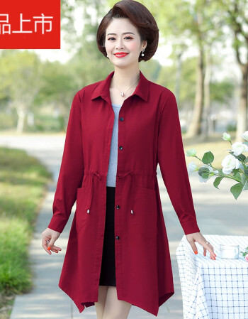 新款中老年春新品风衣妈妈中长款纯色薄外套中年大精品女装红色xxl