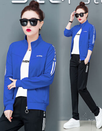 春季三件套女2021新款韩版秋季长袖外套大码休闲运动服套装女蓝色三