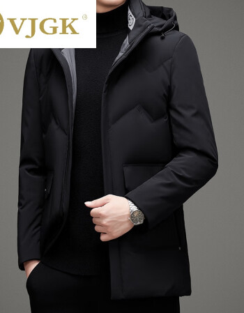 vjgk品牌高端男装奢品连帽服男中长款冬季加厚保暖鸭绒外套中老年爸爸