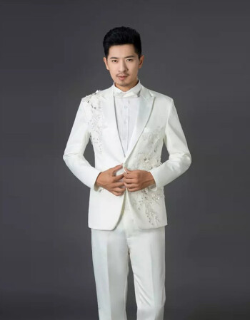 主持人礼服男司仪歌手服装演出服男士修身婚礼西装结婚西服套装 白色