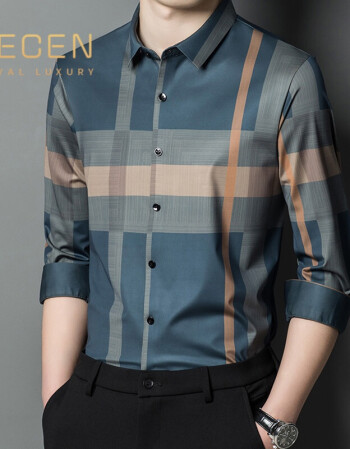 lecen高端品牌衬衫男长袖2022春季新款男士时尚休闲条纹常规丝光衬衣