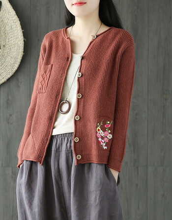 春秋季慵懒风手工绣花上衣长袖文艺针织衫外套女毛衣开衫大码新款潮流