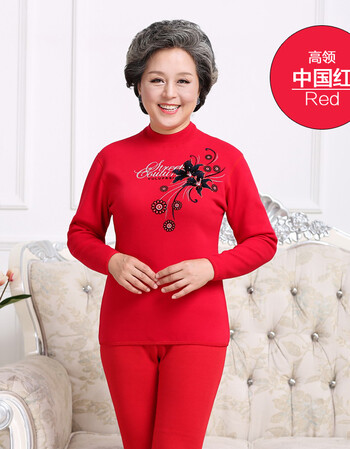 加绒保暖内衣中年妇女妈妈装冬季加厚大码圆领套装 女士高领中国红 大