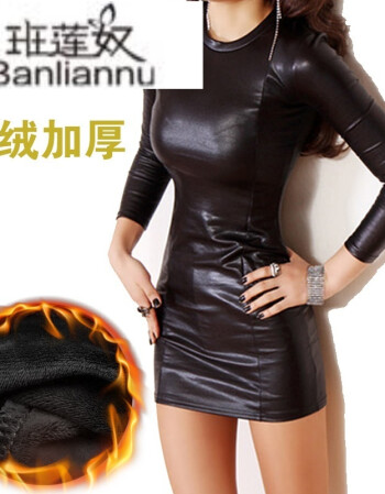秋冬夜店性感加绒pu皮打底皮裙中长款修身显瘦紧身包臀超短连衣裙