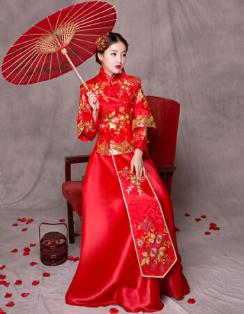 新娘结婚格格装新娘秀禾服绣禾服中式敬酒服冬款冬装长款花布 红色
