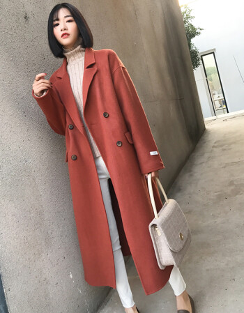 尚秋丹赫本大衣复古双排扣双面羊绒大衣女士中长款羊毛呢外套修身款