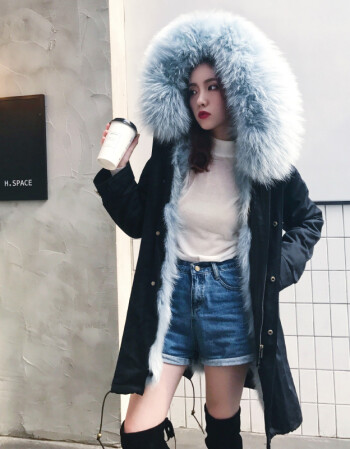 碧彩雅派克大衣女狐狸毛内胆中长款皮草派克服外套 浅蓝色毛 黑色外壳