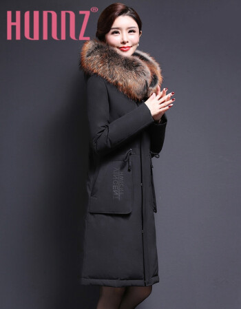 hunnz品牌2018新款欧美派克服大衣貉子毛领羽绒服女中长款加厚修身