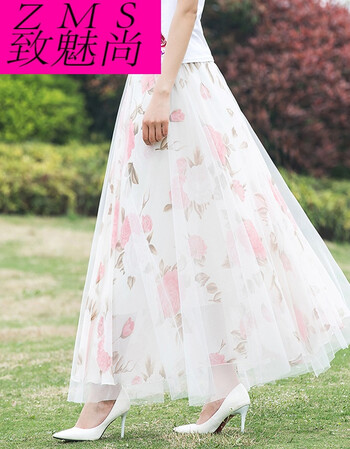 致魅尚夏季网纱半身裙长裙女大摆显瘦裙子蕾丝碎花纱裙大码中长款蓬蓬