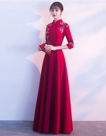 琴丽姿 主持人礼服2017冬季新款红色长款中袖宴会晚礼服女中式立领