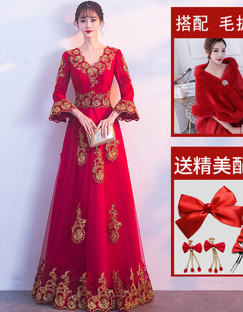 中式敬酒服新娘冬季2018红色结婚新款中国风旗袍长款晚礼服女 酒红v领