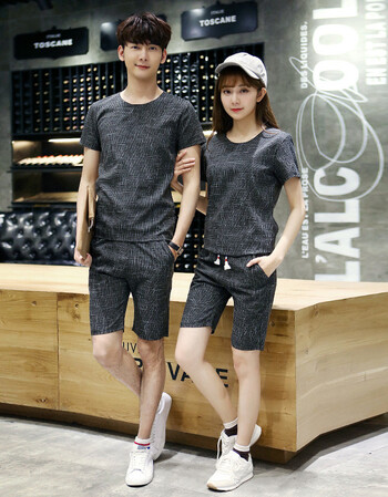 t恤短袖夏季情侣套装青少年韩版潮男士学生休闲沙滩短裤运动套装 黑色