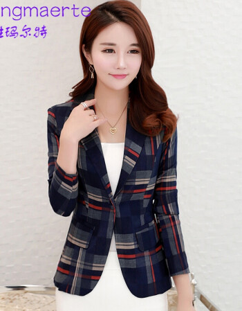 胜玛尔特2018春季新款英伦格子西服女装短款外套长袖修身显瘦小西装女