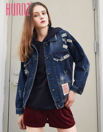 hunnz宽松牛仔外套女贴布2018春秋新款牛仔衣上衣夹克衫bf风学生潮 深