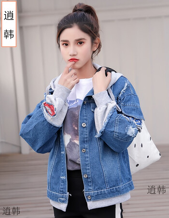 逍韩休闲连帽春季牛仔褂韩版女生牛仔外套宽松短款春天衣服女学生时尚