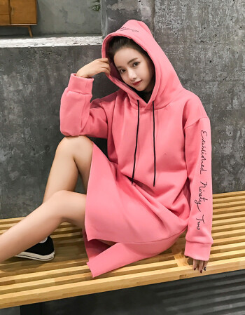 大码中长款卫衣女加绒加厚连帽宽松外套新款套头胖mm带帽衫秋冬装