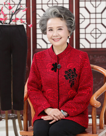 女60-70-80岁奶奶装套装中老年春秋装外套唐装老人衣服 红色送裤子