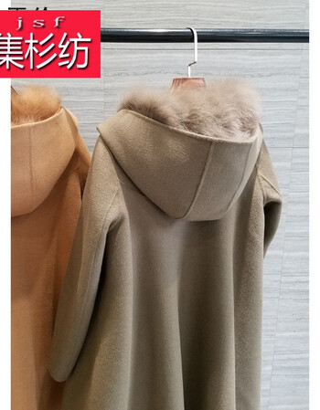 羊毛呢双面羊绒大衣女中长款狐狸毛内胆皮草外套派克服尼克服 亚麻色