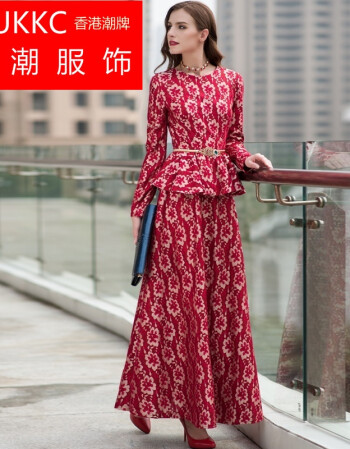 香港潮牌复古假两件长袖连衣裙女秋冬款修身加绒加厚长款红色蕾丝超