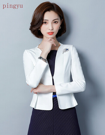 pingyu秋冬2018职业女装套装白色小西服女ol工作服女正装套裙条纹
