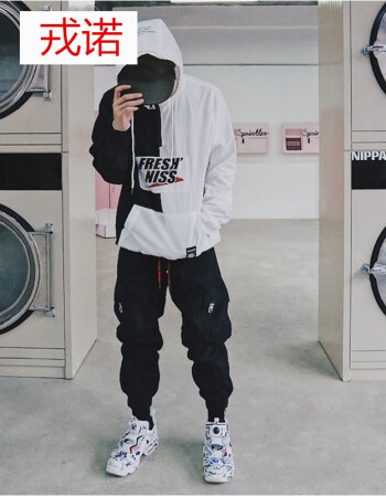 戎诺(rongnuo)港风潮男街头嘻哈街舞hiphop超酷字母拼色bf宽松连帽