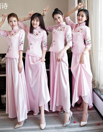 中式伴娘服长款婚礼服裙女姐妹团2018新款民国风复古旗袍粉色春季伴娘