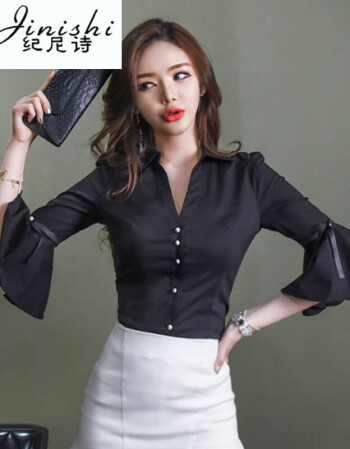 纪尼诗 女装女装2018春装新款ol修身显瘦喇叭袖v领衬衫韩版黑衬衣黑色