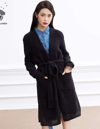 针织衫女开衫宽松百搭中长款腰带假两件毛衣外套女厚秋装 黑色 l