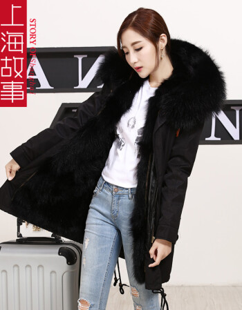女貉子毛内胆大毛领派克服 黑色外壳 内胆军绿色 xl【图片 价格 品牌