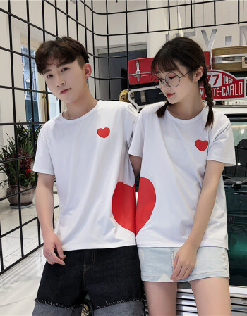 戚薇李承铉同款春夏桃心拼合情侣装短袖体恤简约白色男女爱心t恤学生