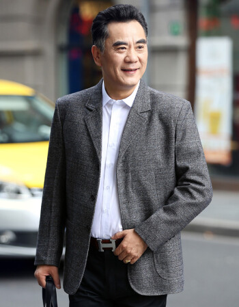 爸爸商务休闲西装外套男士春秋款单中年人40-50岁西服上衣 灰色 175/l