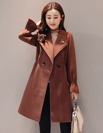 冬天淑女修身显瘦韩国小香风秋冬款毛呢外套女中长款加厚 巧克力色 m