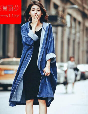 杰瑞丽莎*2017秋冬季女装新款时尚街拍宽松超长款蓝色