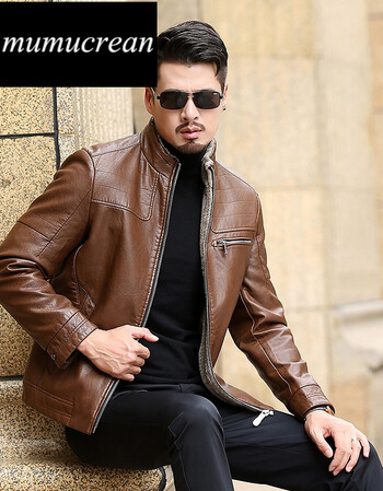 crean皮毛一体皮衣男秋冬季2017新款时尚帅气中年皮夹克男外套爸爸装