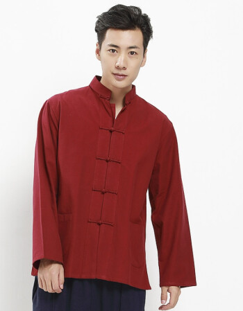 唐装男青年春夏长袖中国风男装复古民族风上衣中式服装汉服男 酒红色