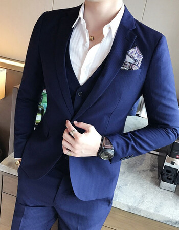 蓝色条纹正装西装三件套西服套装男帅气韩版青年新郎结婚礼服修身 宝