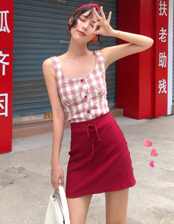时尚小清新格子打底吊带小背心 纯色针织短裙系带防走光裤裙套装 粉灰