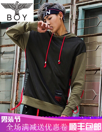 chic boy香港潮牌2018春季新款长袖连帽卫衣男明星同款双层网孔飘带